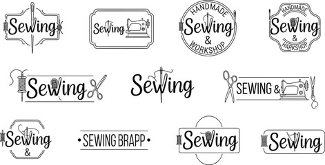 Obraz premium Sewing logo badge illustration collection, handmade vector artwork set, craft design graphic, workshop motif, flat vector illustration