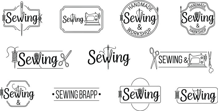 Sewing logo badge illustration collection, handmade vector artwork set, craft design graphic, workshop motif, flat vector illustration