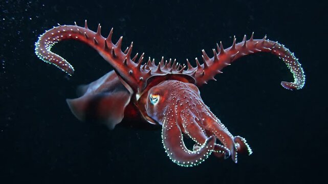 Striking Cuttlefish with Crowned Tentacles Underwater
