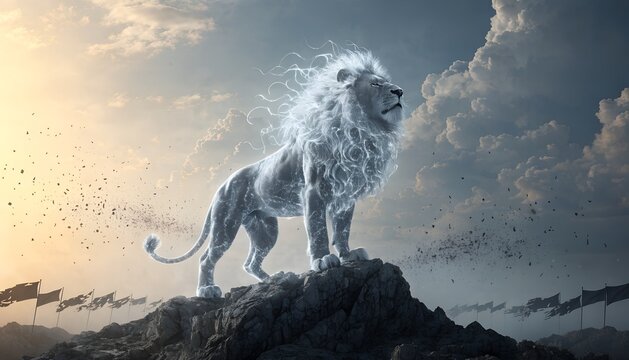 Persian Lion Made of Light Standing on Mountain Peak &ndash; Symbolic Geopolitical Victory Concept Art with Cinematic Hopeful Atmosphere