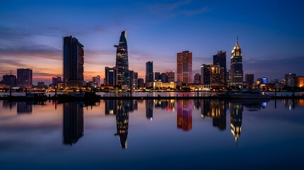 Fototapeta premium A vibrant modern cityscape featuring illuminated skyscrapers reflecting in calm water during twilight