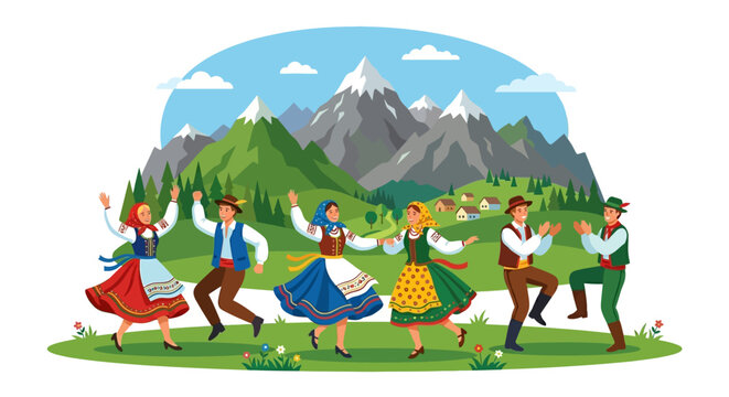 Traditional folk dancers celebrate with mountains in the background