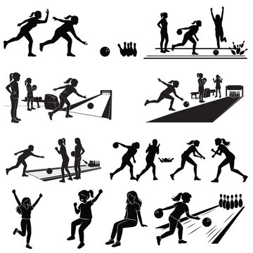 girls play bowling silhouette vector