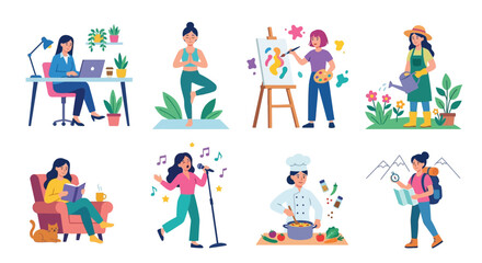 Fototapeta premium Diverse women engaging in various hobbies and creative pursuits indoors and out