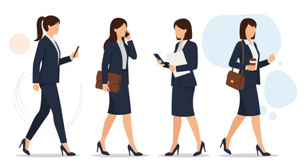 Obraz premium Four professional business women in elegant dark suits walk confidently while holding phones, coffee, and briefcases.
