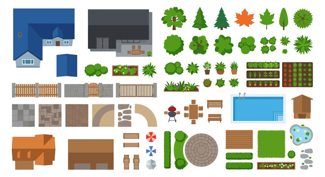 Aerial view of various landscape elements and building rooftops