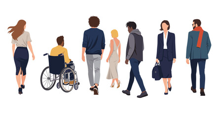 Fototapeta premium Diverse group of people including a man in a wheelchair and a woman with a bag are seen walking away from the viewer.