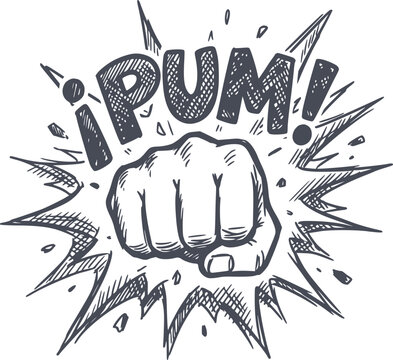 navy blue hand drawn comic punch fist illustration with explosion lines and pum text effect no white fill included