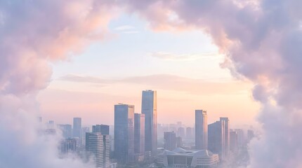 Fototapeta premium Majestic city skyline viewed through a frame of soft pastel clouds during sunrise evoking a dreamlike atmosphere