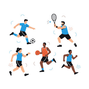 Diverse People Playing Sports: Soccer, Basketball, Tennis, Running