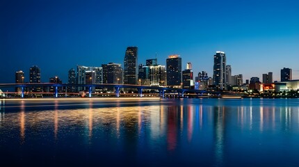 Fototapeta premium Modern city skyline illuminated at night with reflections in the water