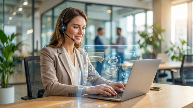 Customer support agent using AI chatbot on laptop in modern office, digital service and business automation concept. 