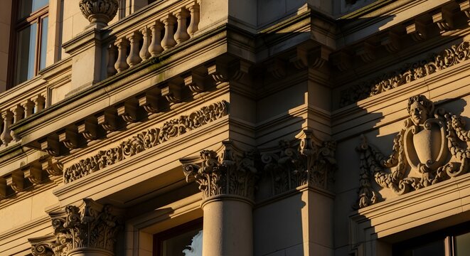 Golden hour closeup of richly carved classical corner with fluted pilasters, dentilled cornices, scroll brackets and shield cartouche, celebrating the meticulous stone craftsmanship of an opulent hist
