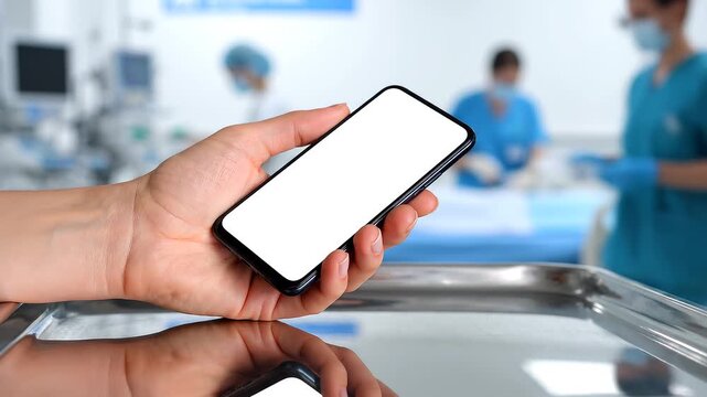 Close-up of a hand holding a smartphone with a blank screen in a sterile hospital environment with blurred medical staff in the background