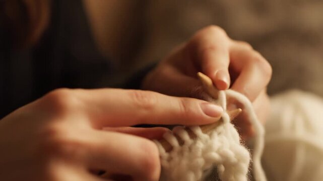 Close-up of a person's hands knitting with white yarn and knitting needles, capturing the intricate process of crafting a warm textile