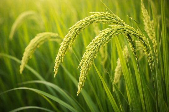 Detailed green rice heads hanging heavily among long leaves in a fresh and thriving paddy environment.