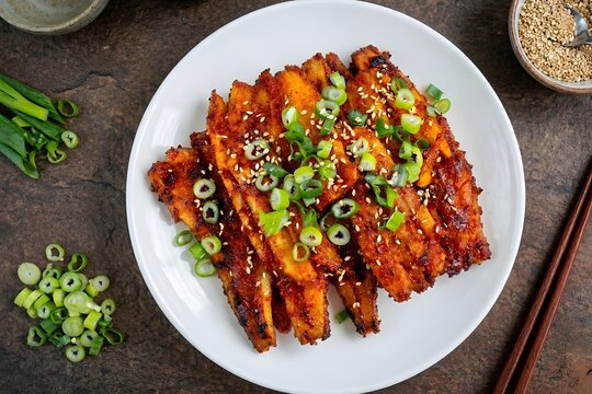 Grilled Deodeok (Codonopsis root) with spicy red chili seasoning, a traditional Korean healthy dish.