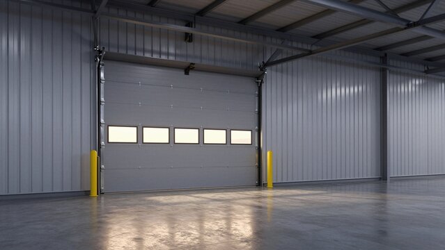 Large industrial garage door with windows in a spacious warehouse interior.