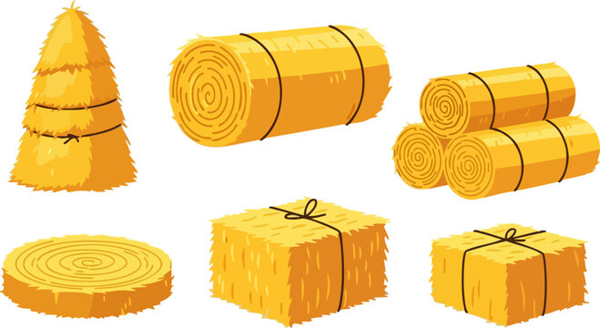Golden hay bales and straw stack collection, agricultural harvest vector set, yellow dried grass bundles for farm and livestock fodder