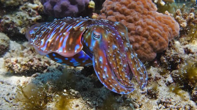 Colorful Cuttlefish Navigates Underwater Coral Reef
