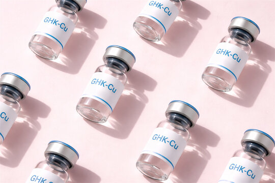 GHK-Cu peptide vials arranged on a pink background. Medical glass bottles with chemical substance for skincare and beauty treatment. Pharmaceutical research and rejuvenation product concept