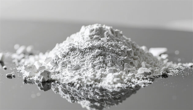 Heap of fine white collagen or creatine powder on dark reflective surface. Natural mineral product for skincare and facial spa treatment. Raw material for beauty and wellness industry.