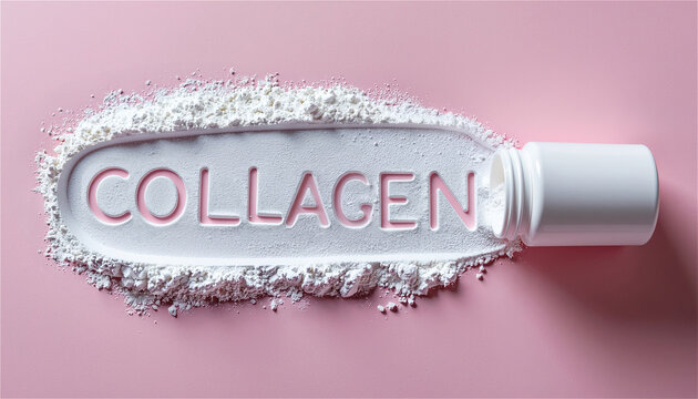 word collagen carved in white powder spilled from a plastic bottle. Concept of dietary supplement for skin beauty and health. Cosmetic skincare ingredient on a pink background