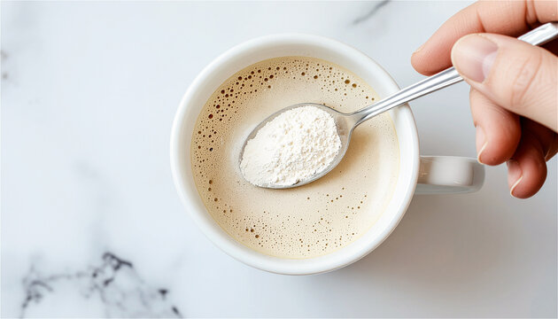 hand adding protein powder to a cup of coffee. Healthy lifestyle, diet supplement and fitness nutrition preparation. Morning routine for energy boosting and wellness habits