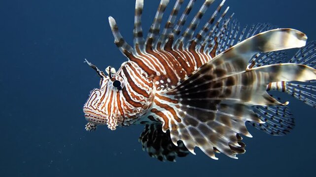 Striking Lionfish Swims Gracefully Underwater