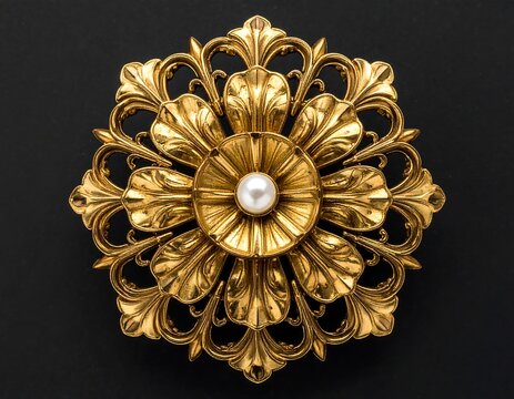Ornate gold brooch with pearl center