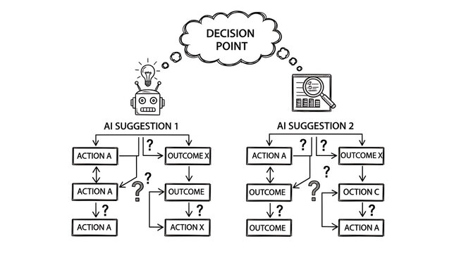 Decision point, AI suggestions, workflow diagram, flowchart, business process, decision making, strategy, planning, management