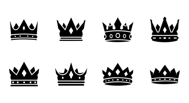 Royal crown icons set, 8 black silhouette king and queen tiaras, heraldic imperial headwear symbols, luxury jewelry vector elements for branding