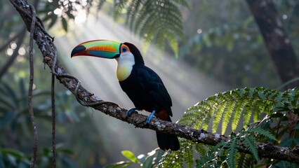 Fototapeta premium A vibrant toucan with a colorful beak perches on a branch amidst lush green ferns and soft focus background, showcasing the beauty of wild nature.