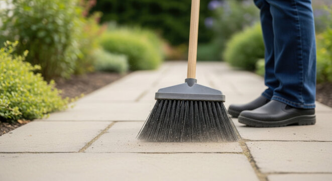 Person sweeping garden path with broom on stone walkway  