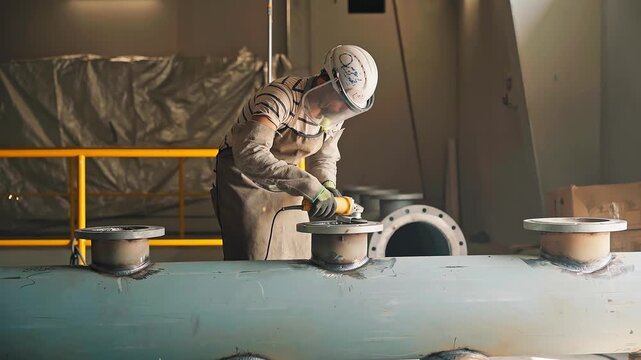 close up cinematic slow motion footage of a metalworker wearing protective gloves and safety helmet uses an angle grinder to cut steel, creating sparks in a workshop environment.