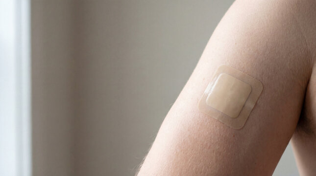 Close view of adhesive medical patch on upper arm skin representing vaccination pain relief hormone delivery nicotine cessation wearable treatment or patient care routine in healthcare