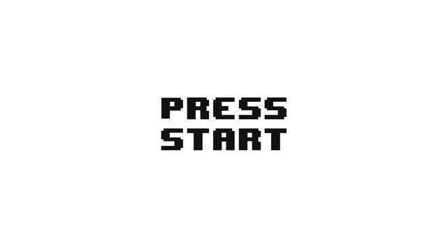Retro game animation of flashing "PRESS START" text on a transparent background, for game intro. 4K.