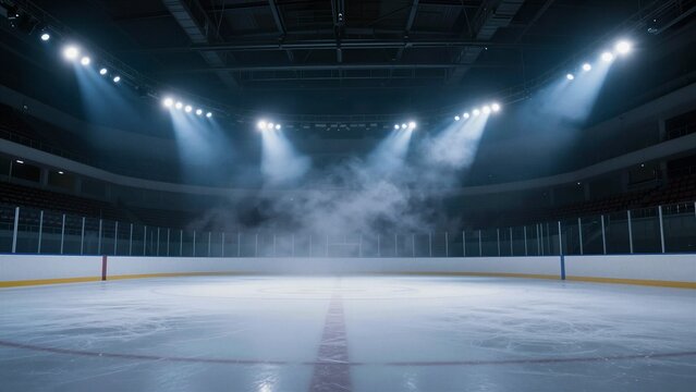 Wide angle view of an empty ice hockey rink with dramatic stadium lighting, fog, and a dark background enhancing the intense atmosphere.