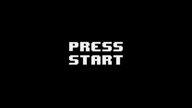 Flashing "PRESS START" text animation on a black background. Classic arcade-style screen loop, ideal for game intros, vintage video games. 4K.
