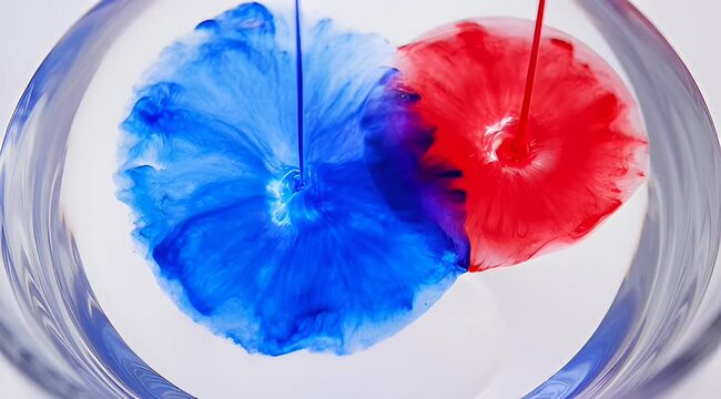 Abstract liquid art featuring red and blue dyes dissolving into a bowl of water