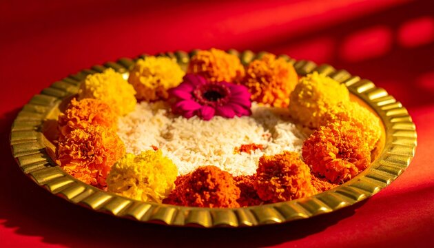 Close up of auspicious ritual items for Bengali New Year Poila Baisakh celebration