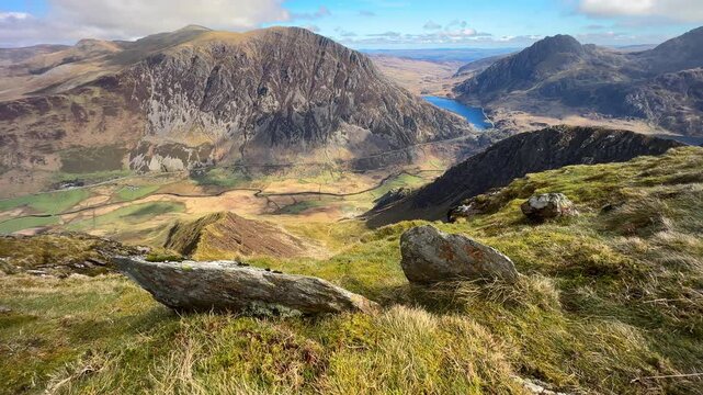 High angle view of Pen yr Ole Wen Mountain from the Summit of Y Garn, Ogwen Valley, Snowdonia National Park, North Wales, UK
