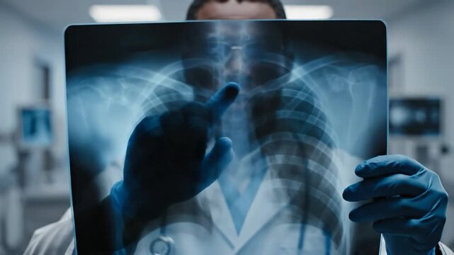 Doctor in blue gloves examining an X-ray of a human chest and rib cage medical healthcare