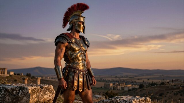 A Spartan warrior in full armor stands on a rocky outcrop, overlooking an ancient landscape at sunset. The scene evokes strength and readiness for battle.