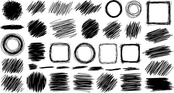 scribble collection featuring sketch textures, circles, squares, and artistic brush strokes for creative graphic design projects