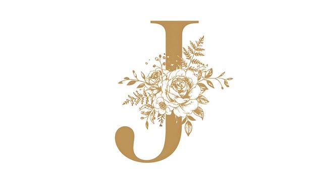 Ornate golden letter J overlaid with flowers and greenery on a plain white background