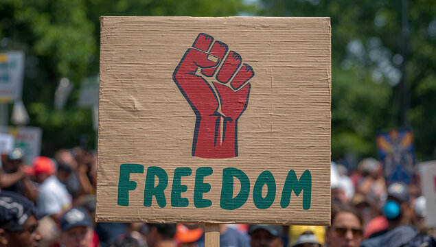 Hand-painted cardboard sign featuring a red clenched fist and the word FREEDOM in green at a Juneteenth celebration