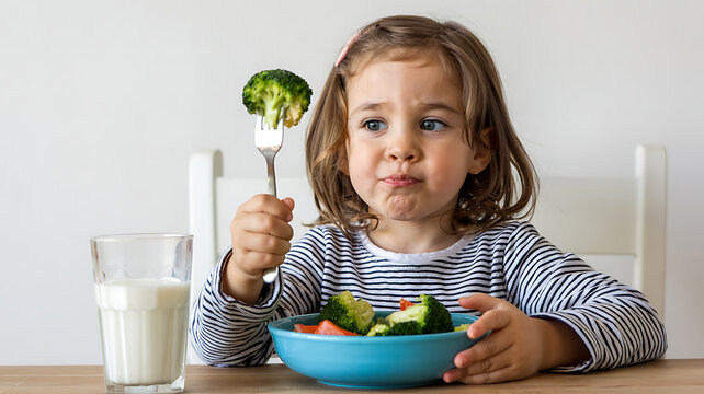 Aversion to Greens: A young girl displays a look of disdain as she confronts a forkful of broccoli, next to a bowl of vegetables and a glass of milk.