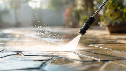 Naklejka premium High pressure washer cleaning stone patio with water spray in sunlight. Outdoor maintenance, deep cleaning, power washing concept.