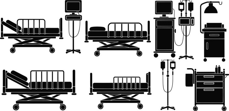 Set of hospital beds and medical equipment isolated on white background